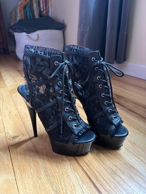 Black Lace Peep-Toe Platform Lace-Up Heels